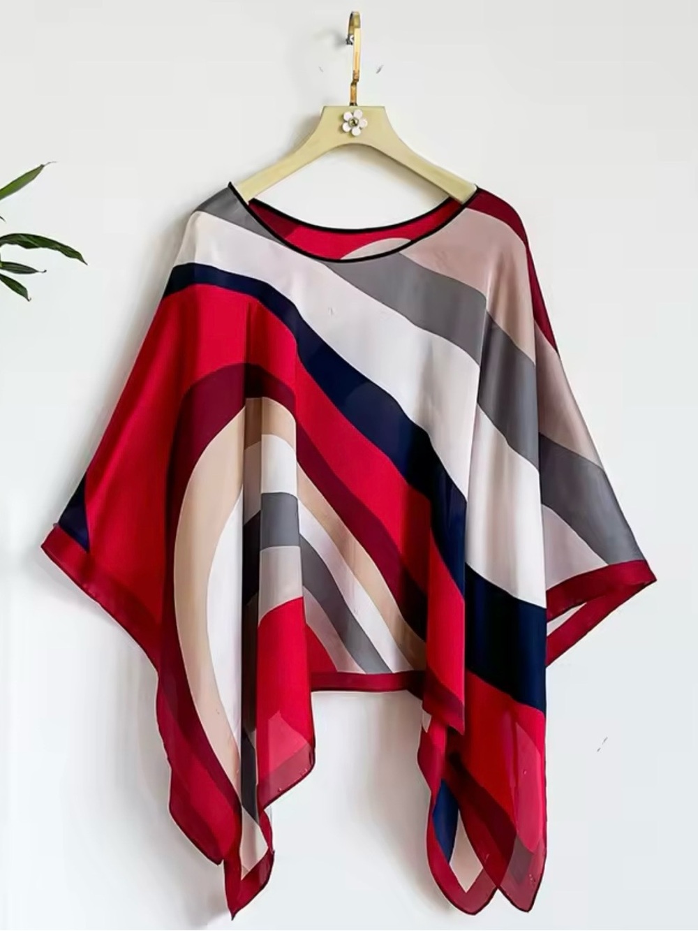 Red & Navy Geometric Sheer Poncho Top